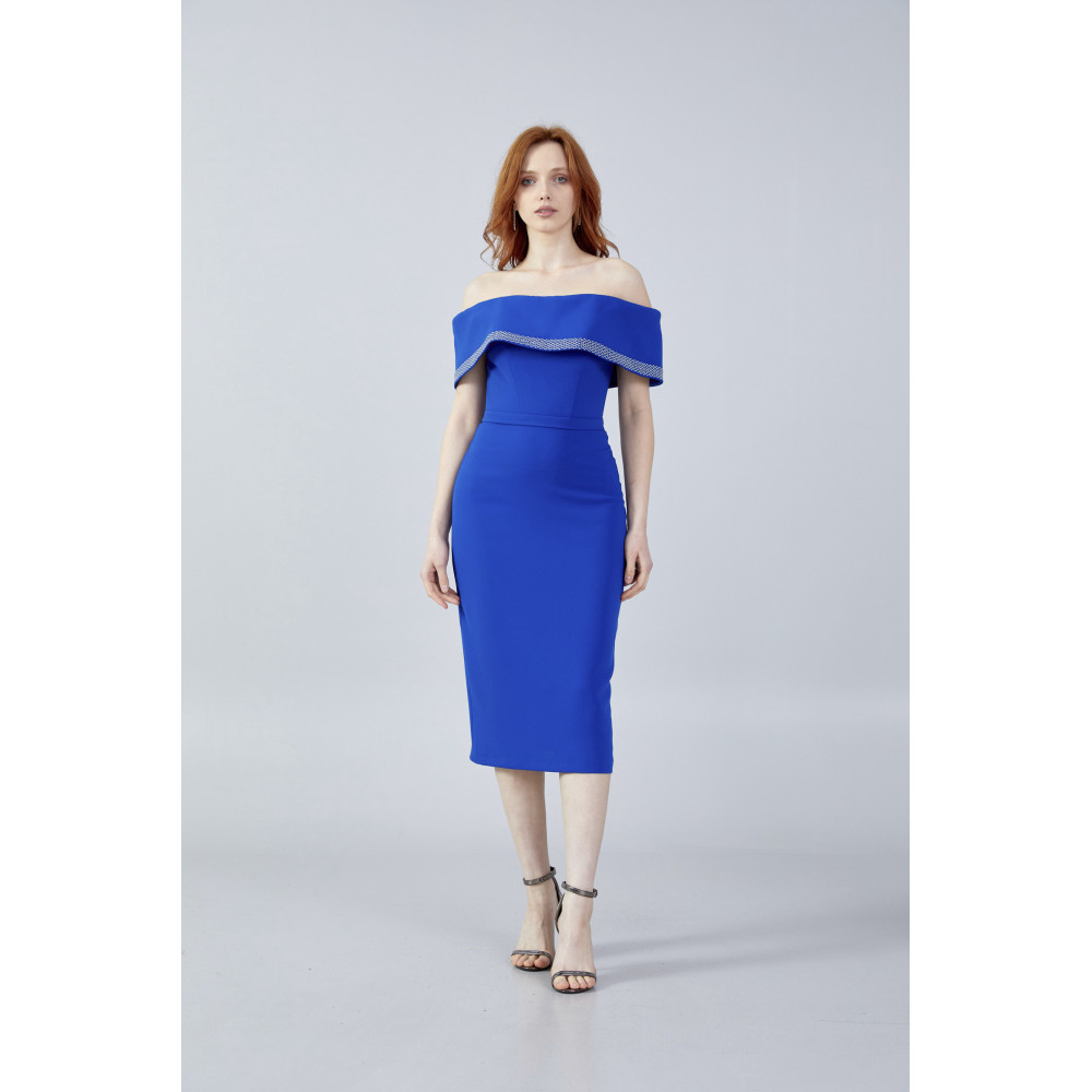 Off Shoulder Midi Crepe Column Regular Evening Dress