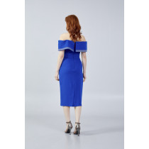 Off Shoulder Midi Crepe Column Regular Evening Dress