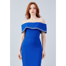Off Shoulder Midi Crepe Column Regular Evening Dress