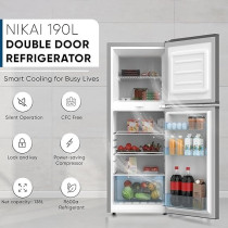 Nikai 190L Gross/138L Net, Double Door Refrigerator With Vegetable Crisper And Adjustable Glass Shelves, Defrosting And Temperature Control, Ideal For Kitchen, Bedroom, Office And Hotels, NRF190DN4S Silver
