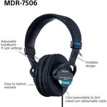 Sony MDR7506 Professional Large Diaphragm Headphone, Wired, Black