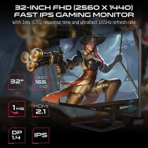 GAMEON GOP32QHD165IPS 32 Inch Gaming Monitor, QHD, 165Hz, 1ms, 2560 x 1440, 2K Computer Monitor, IPS, HDR 10, G-Sync And FreeSync, Tilt, Flat Screen, HDMI 2.1 Console Compatible, Black