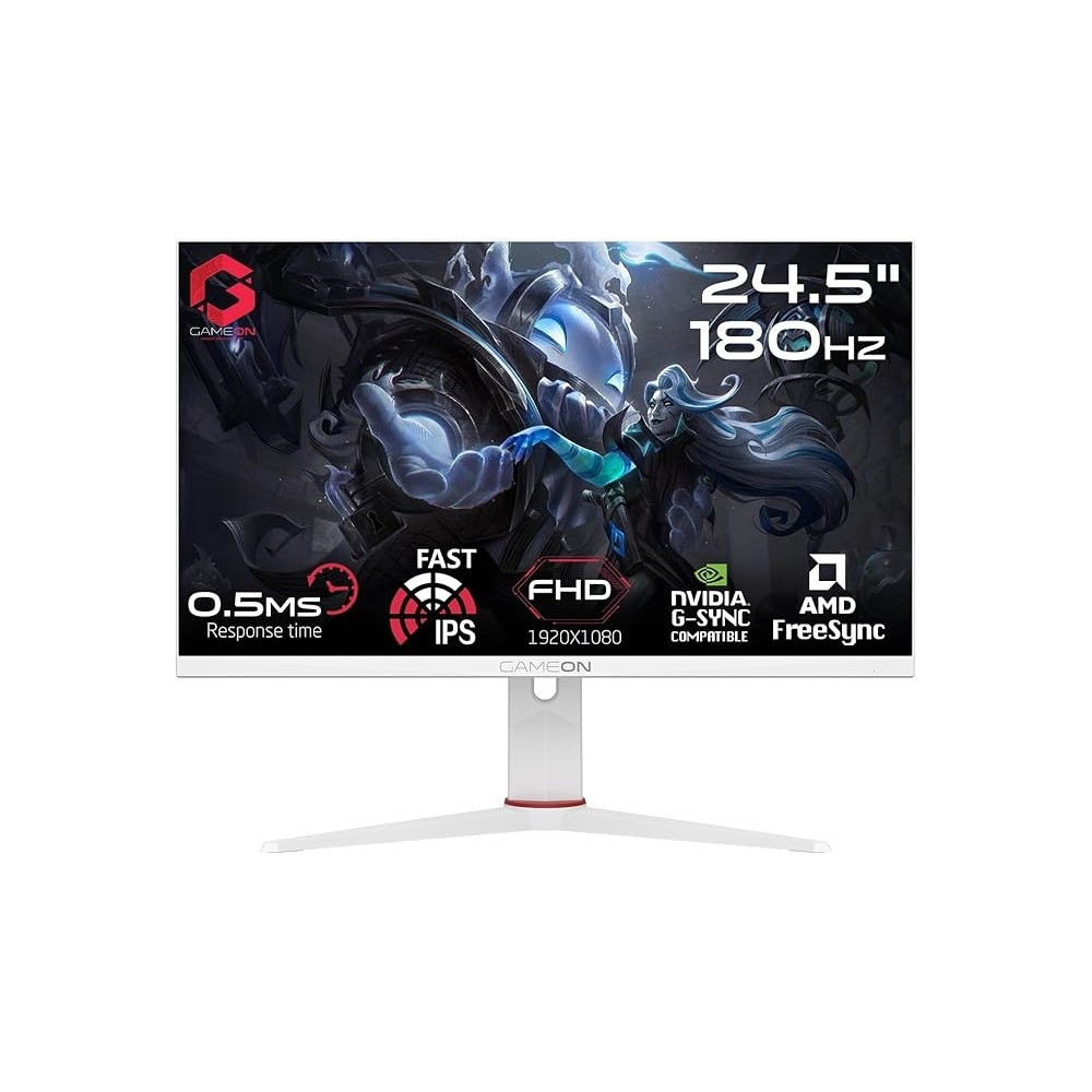 GAMEON GOA24FHD180IPS Artic Pro-Series Monitor, White Gaming Monitor 24 Inch, 1920 x 1080p FHD, IPS Panel, 180Hz Refresh Rate, 0.5ms Response Time, 2.1 HDMI, Free Sync And G-Sync, Supports PS5