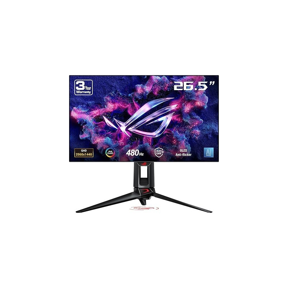 Asus ROG Swift OLED PG27AQDP Gaming Monitor, 27-inch WOLED, 480Hz, 0.03ms, G-SYNC Compatible, Custom Heatsink, Asus OLED CarePlus, AI Assistant, Uniform Brightness, 99Percentage DCI-P3, And DisplayWidget Center