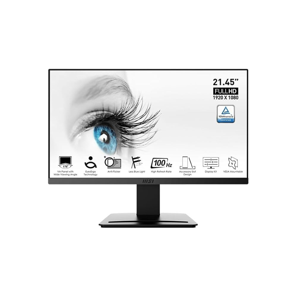 MSI PRO MP223, 22-inch VA 1920 x 1080 (FHD) Computer Monitor, 100Hz, Adaptive-Synch, HDMI, Video Port, VESA Mountable, Less Blue Light, Tilt, 1ms, Black