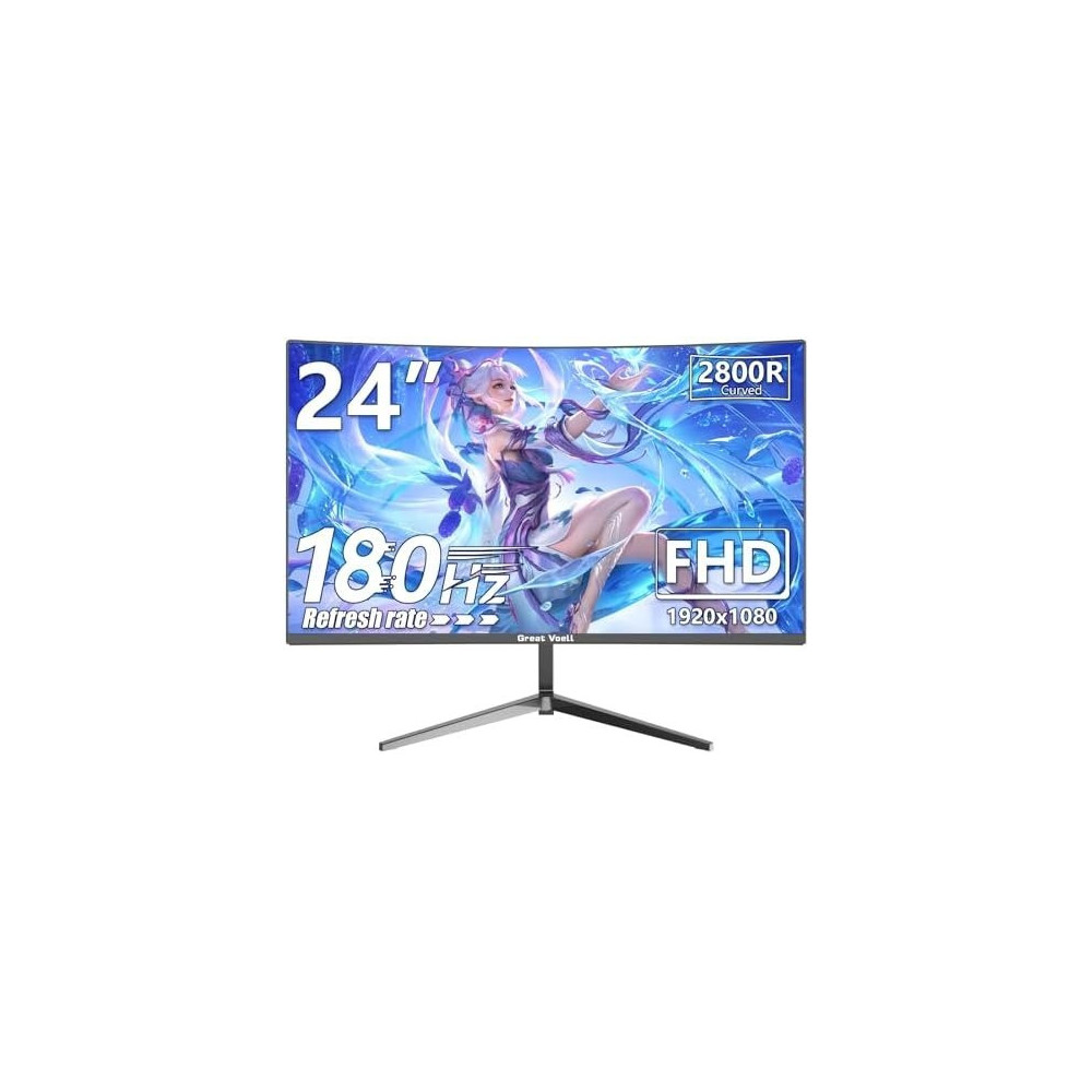 Great Voell 24 Inch Curved Gaming Monitor FHD 1920 x 1080P, 180Hz,Built-in Speakers, HDR, Anti-Blue Light Eye Protection, 99 Percentage SRGB, Support VESA, Tiltable with FreeSync, HDMI 2.0, Computer Screen 16/9