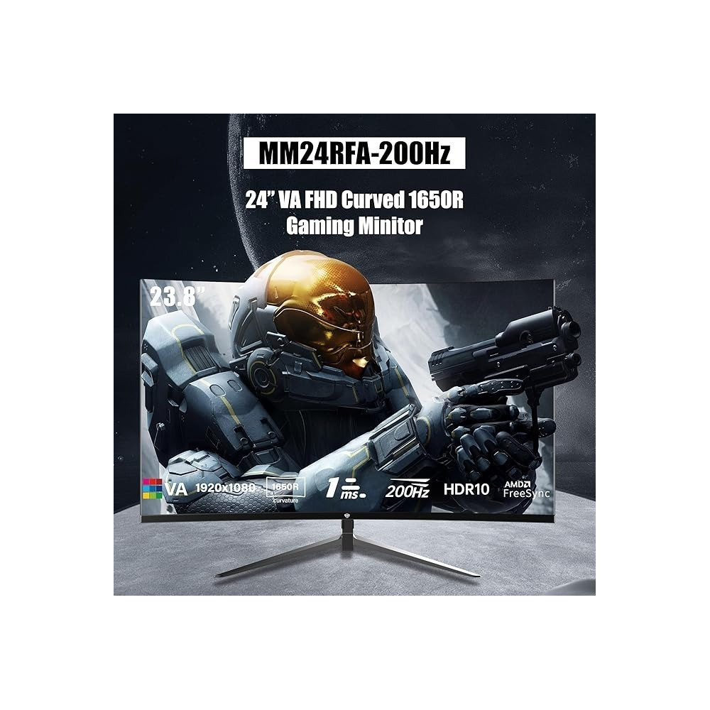 GXM GX24RFA 24 Inch Curved Frameless Ultra-Fast Gaming Monitor, FHD 1920x1080 200Hz Display, 16:9, Ultrawide 1650R Curved Screen, 23.8 LED Backlit, 1ms Response Time, 16.7M Display Colors, Black