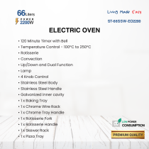 STAR TRACK 66L Electric Oven with Rotisserie, Convection, 4 Knob, 120-Min Timer, Skewer And Pizza Tray, 2200W Stainless Steel Body, Galvanized Inner Cavity