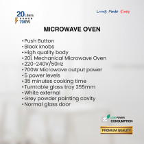 STAR TRACK 20L Mechanical Microwave Oven, 700W, 5 Power Levels, Push Button, Turntable Tray, Grey Cavity, BS Plug