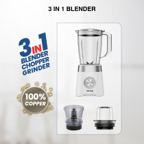 STAR TRACK 3 in 1 Blender, White, Chopper & Grinder, 500W, 1.5L Plastic Jug, 2-Speed with Pulse, Anti-Slip, Low Power, Premium