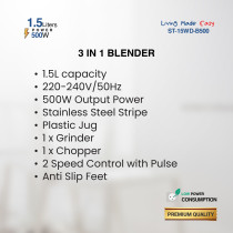 STAR TRACK 3 in 1 Blender, White, Chopper & Grinder, 500W, 1.5L Plastic Jug, 2-Speed with Pulse, Anti-Slip, Low Power, Premium