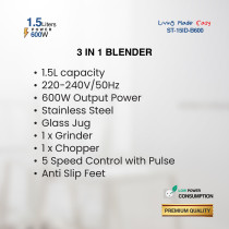 STAR TRACK 3 in 1 Blender, Chopper And Grinder, 600W, 1.5L Glass Jug, 5 Speed with Pulse, Anti-Slip, Low Power Consumption, Premium, Grey