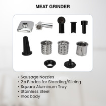 STAR TRACK Meat Grinder, 1300W Lock Power, 100% Copper Motor, Stainless Steel Body, Sausage Nozzles And 2x Shredding/slicing Blades, Aluminum Premium Quality