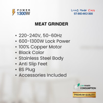 STAR TRACK Meat Grinder, 1300W Lock Power, 100% Copper Motor, Stainless Steel Body, Sausage Nozzles And 2x Shredding/slicing Blades, Aluminum Premium Quality