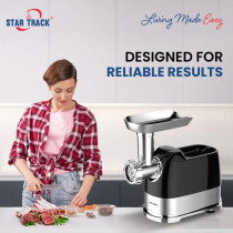 STAR TRACK Meat Grinder, 1300W Lock Power, 100% Copper Motor, Stainless Steel Body, Sausage Nozzles And 2x Shredding/slicing Blades, Aluminum Premium Quality