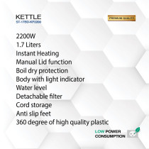 STAR TRACK 1.7L Electric Kettle, 2200W, Instant Heating, Manual Lid, Boil-Dry Protection, And Light Indicator