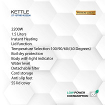 STAR TRACK 1.5L Electric Kettle, 2200W, Instant Heating, Temperature Selection, Boil-Dry Protection, And SS Lid Cover
