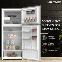 KROME 455 Liter Gross Top Mount Double Door Refrigerator, No Frost Cooling System, LED Display, Convenient Shelves For Easy Access, INOX, KR-RFF 480 IM