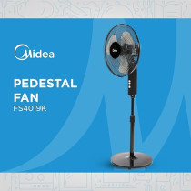 Midea Pedestal Stand Fan with SQD Motor, 16 inch, 3D Oscillation Directions, 3 Speed Levels & Adjustable Height, 3 Leaf Blade with 7.5 Hours Timer, Best for Home & Office, Black, FS4019K