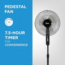 Midea Pedestal Stand Fan with SQD Motor, 16 inch, 3D Oscillation Directions, 3 Speed Levels & Adjustable Height, 3 Leaf Blade with 7.5 Hours Timer, Best for Home & Office, Black, FS4019K