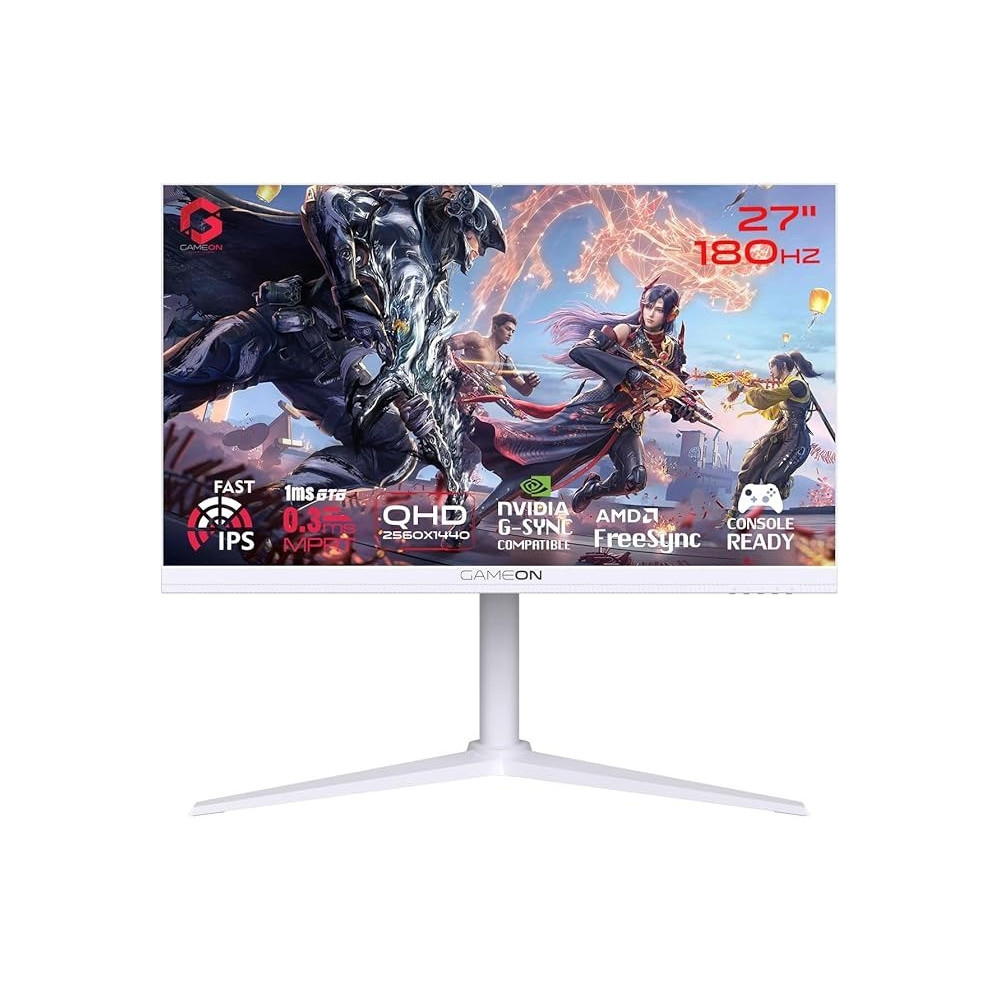 GAMEON GOA27QHD180IPS Arctic Pro-Series 27 Inch White Gaming Monitor, 2560 x 1440p 2K QHD, Fast IPS Panel, 180Hz, 0.3ms, HDMI 2.1, FreeSync And G-Sync, Crosshair Assistant, HDR, PS5, VRR Support