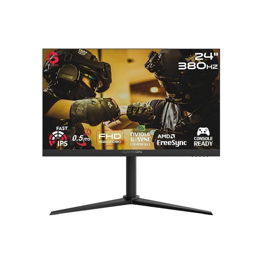 GAMEON GOMP24FHD380IPS Midnight Pro series, Black Gaming Monitor 24 inch, 1920 x 1080p FHD Fast IPS Panel, 380Hz Refresh Rate, Response Time, 2.1 HDMI, Freesync And Gsync, Supports HDR, PS5, VRR