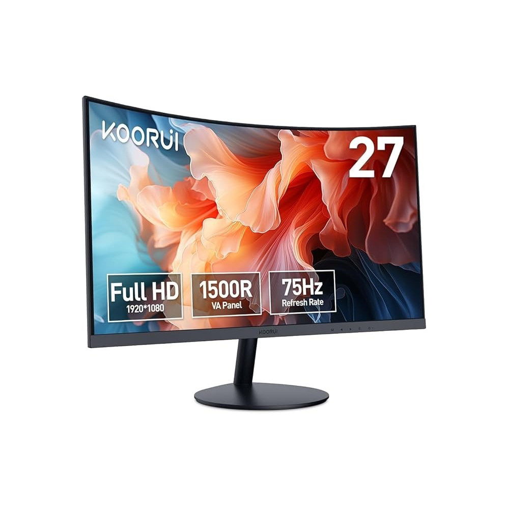 KOORUI 27-Inch Curved Business Monitor Full HD 1920 x 1080, 75Hz Refresh Rate, sRGB 99% Color Gamut, 16.7m Maximum Color, Tilt Adjustable, HDMI and VGA, Eye Protection 27N5CA