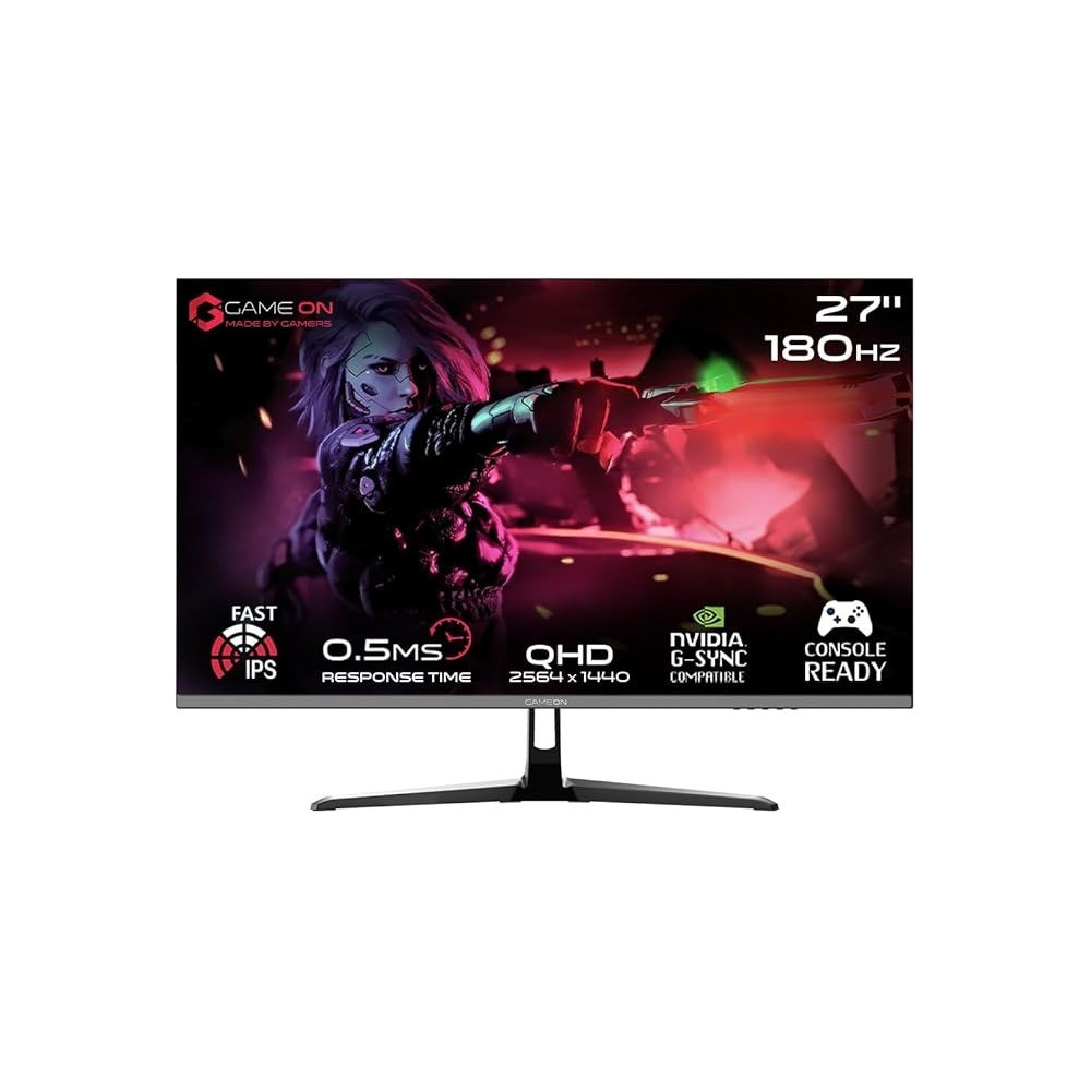GAMEON New 2024 2K Gaming Monitor 27 inch, GOPS27QHD180IPS, QHD IPS Panel,180Hz Refresh Rate, 0.5ms Response Time, 2.1 HDMI, G-Sync and FreeSync, HDR, Console Ready
