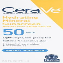 Cerave 100% Mineral Sunscreen SPF 50 Face Sunscreen with Zinc Oxide & Titanium Dioxide for Sensitive Skin 2.5 oz, 1 Pack