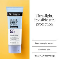 Neutrogena Ultra Sheer Dry-Touch Sunscreen Lotion, Broad Spectrum SPF 55 UVA/UVB Protection, Oxybenzone-Free, Light, Water Resistant, Non-Comedogenic And Non-Greasy, Travel Size, 3 fl. oz