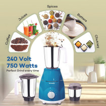Sonashi 3 In 1 Mixer Grinder 3 Speeds With Pulse Switch Unbreakable Polycarbonate Jar Lids, Blue