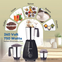 Sonashi 3 In 1 Mixer Grinder 3 Speeds With Pulse Switch Unbreakable Polycarbonate Jar Lids, Black