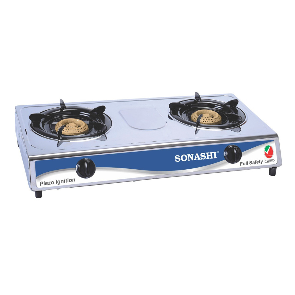 Sonashi Double Gas Burner Stainless Steel Panel / Enamel Fixed Pan Support Automatic Ignition System