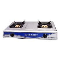 Sonashi Double Gas Burner Stainless Steel Panel / Enamel Fixed Pan Support Automatic Ignition System