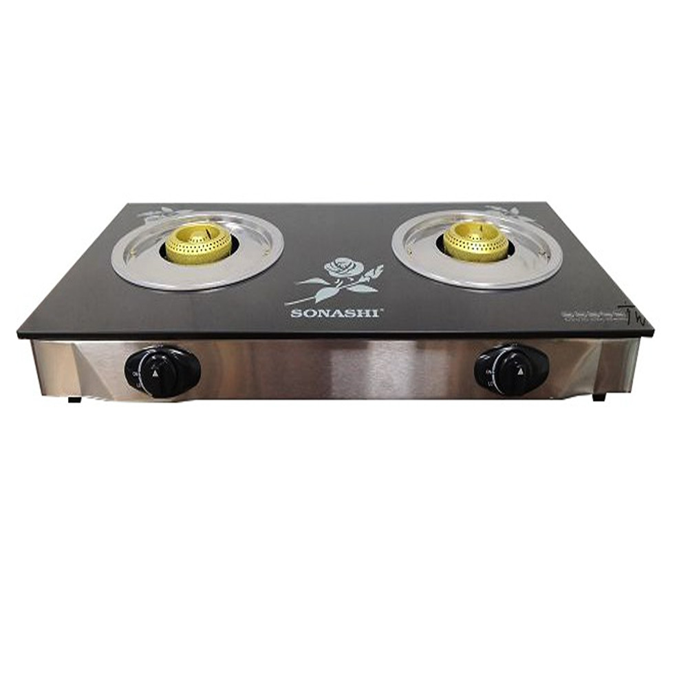 Sonashi Two Gas Burner Full Safety Glass, Black