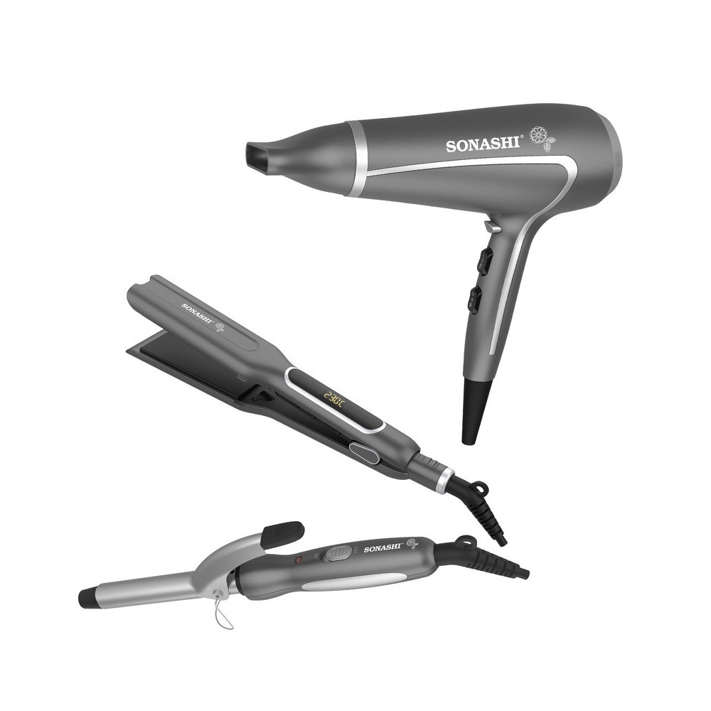 Sonashi 3 In 1 Hair Dressing Set Hair Dryer Staightener And Curler, Grey