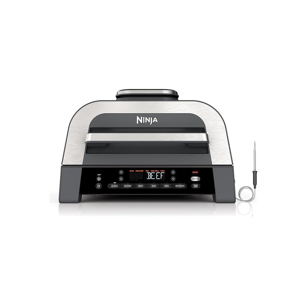 Ninja DG551 Foodi Smart Xl 6-In-1 Indoor Grill With Air Fry, Roast, Bake, Broil, And Dehydrate, Foodi Smart Thermometer, 2Nd Generation, Black/Silver
