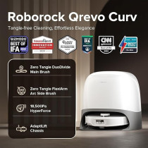 Roborock Qrevo Curv Robot Vacuum And Mop, 18,500Pa Suction, Zero-Tangling, Duodivide Main Brush, Flexiarm Arc Side Brush, Flexiarm Mop, Adaptilift Chassis, Auto Mop Washing And Drying, Self-Emptying, White