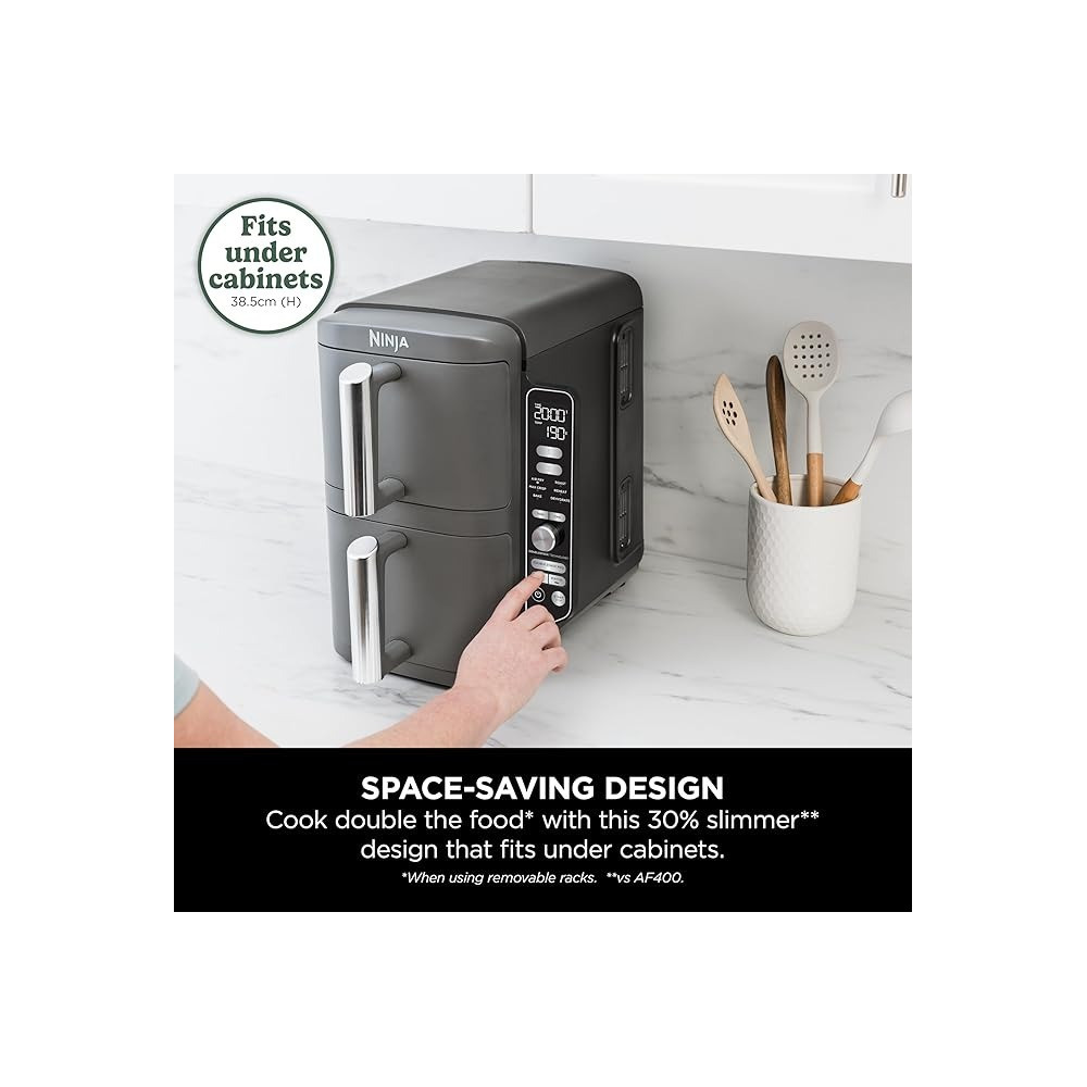 Ninja Double Stack Xl Air Fryer, Vertical Dual Drawer Air Fryer With 4 Cooking Levels, 2 Drawers And 2 Racks, Space Saving Design, 9.5L Capacity, 6 Cooking Functions, 8 Portions, Grey, SL400ME