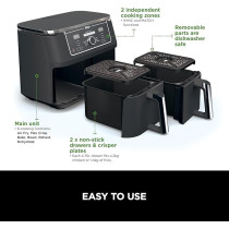 Ninja Foodi Max Dual Zone Digital Air Fryer, 2 Drawers, 9.5L, 6-In-1, Uses No Oil, Air Fry, Max Crisp, Roast, Bake, Reheat, Dehydrate, Cook 8 Portions, Non-Stick Dishwasher Safe Baskets, Black, AF400ME