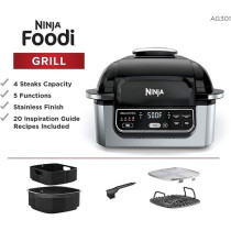 Ninja Foodi AG301 5 In 1 Indoor Electric Countertop Grill With 4 Quart Air Fryer, Roast, Bake, Dehydrate, And Cyclonic Grilling Technology, 1760 Watts, Silver/Black