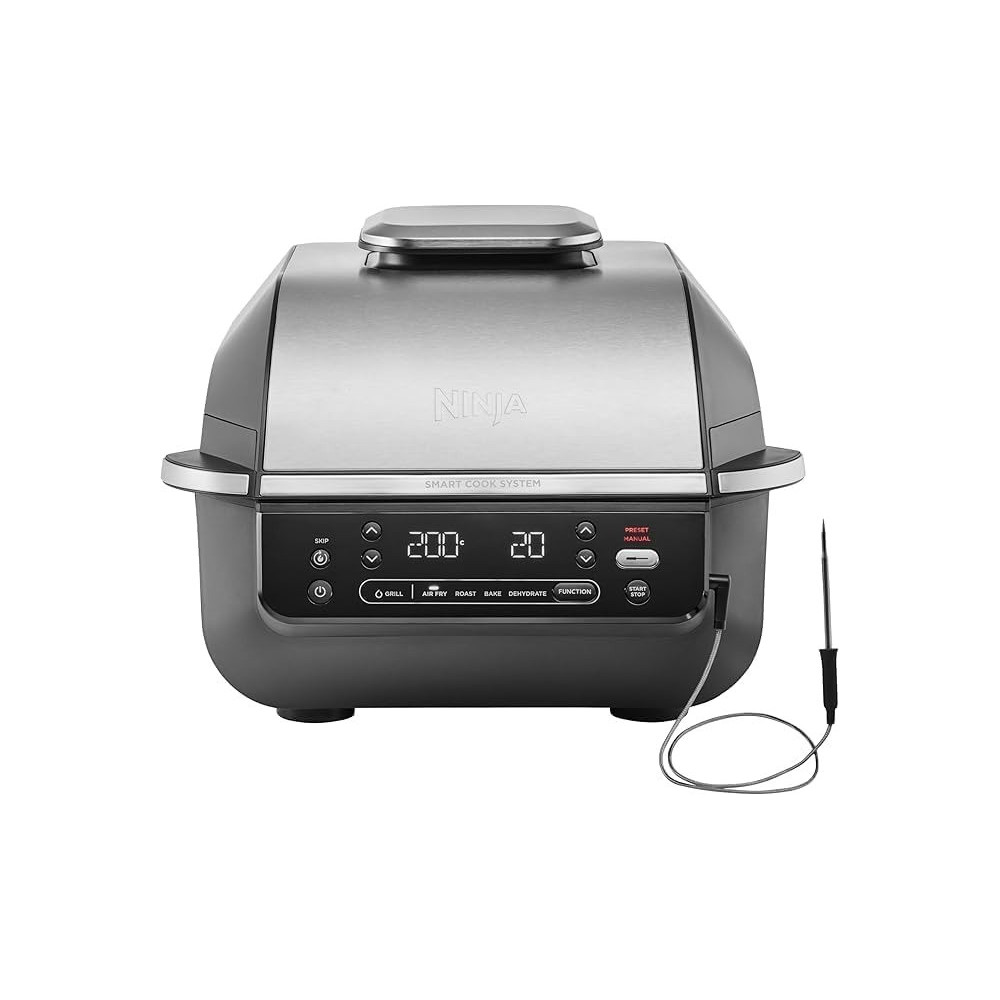 Ninja 5-In-1 Indoor Grill And Air Fryer, 5 Cooking Functions, Make Up To 4 Burgers, 5.7L Capacity, Low Smoke, Includes Digital Meat Thermometer, Black/Silver, EG351ME