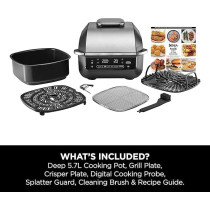 Ninja 5-In-1 Indoor Grill And Air Fryer, 5 Cooking Functions, Make Up To 4 Burgers, 5.7L Capacity, Low Smoke, Includes Digital Meat Thermometer, Black/Silver, EG351ME