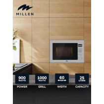Millen Microwave Oven, 25L, Stainless Steel Finish, Mechanical Control, 900W Microwave Power, 1000W Grill Power, 8 Automatic Programs, MBW 381 SX