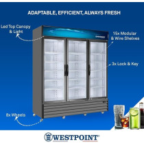 Westpoint Showcase Chiller 1800 Litre 3 Doors, No Frost, Uniform Cooling, Tempered Glass, Wire Shelves Top Canopy And Light With Wheels Metalic Hinges Lock And Key, Spacious, Black, WPSN-18017RT3