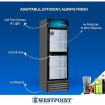 Westpoint Showcase Chiller 405 Litre, Double Door, No Frost, Self Closing Doors, Tempered Glass, Wire Shelves, Top Canopy And Light With Wheels, Lock And Key For Grocery Home/Office/Restaurant, WPSN-4017T2