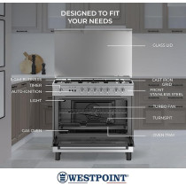 Westpoint Freestanding 90 x 60 Cm Gas Cooker With 5 Burners With Autoignition And Full Safety, Grill And Turnspit Function, Double Glass Door On Oven, Cast Iron Pan Support, Wok Burner, WCE-960DTS