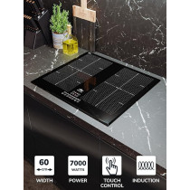 Millen Built In Induction Hob, 60 Cm Black Glass, 4 Heating Zones, 7000W, Combination Zone, MIH 602 BL