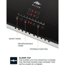 Millen Built In Induction Hob, 60 Cm Black Glass, 4 Heating Zones, 7000W, Combination Zone, MIH 602 BL