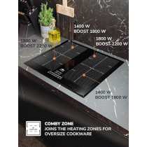 Millen Built In Induction Hob, 60 Cm Black Glass, 4 Heating Zones, 7000W, Combination Zone, MIH 602 BL